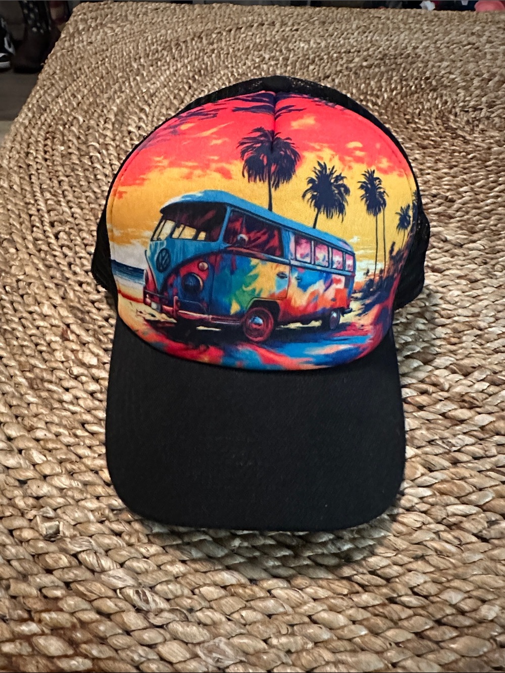 Black Trucker Hat with Colorful Surf Bus Print OSFA